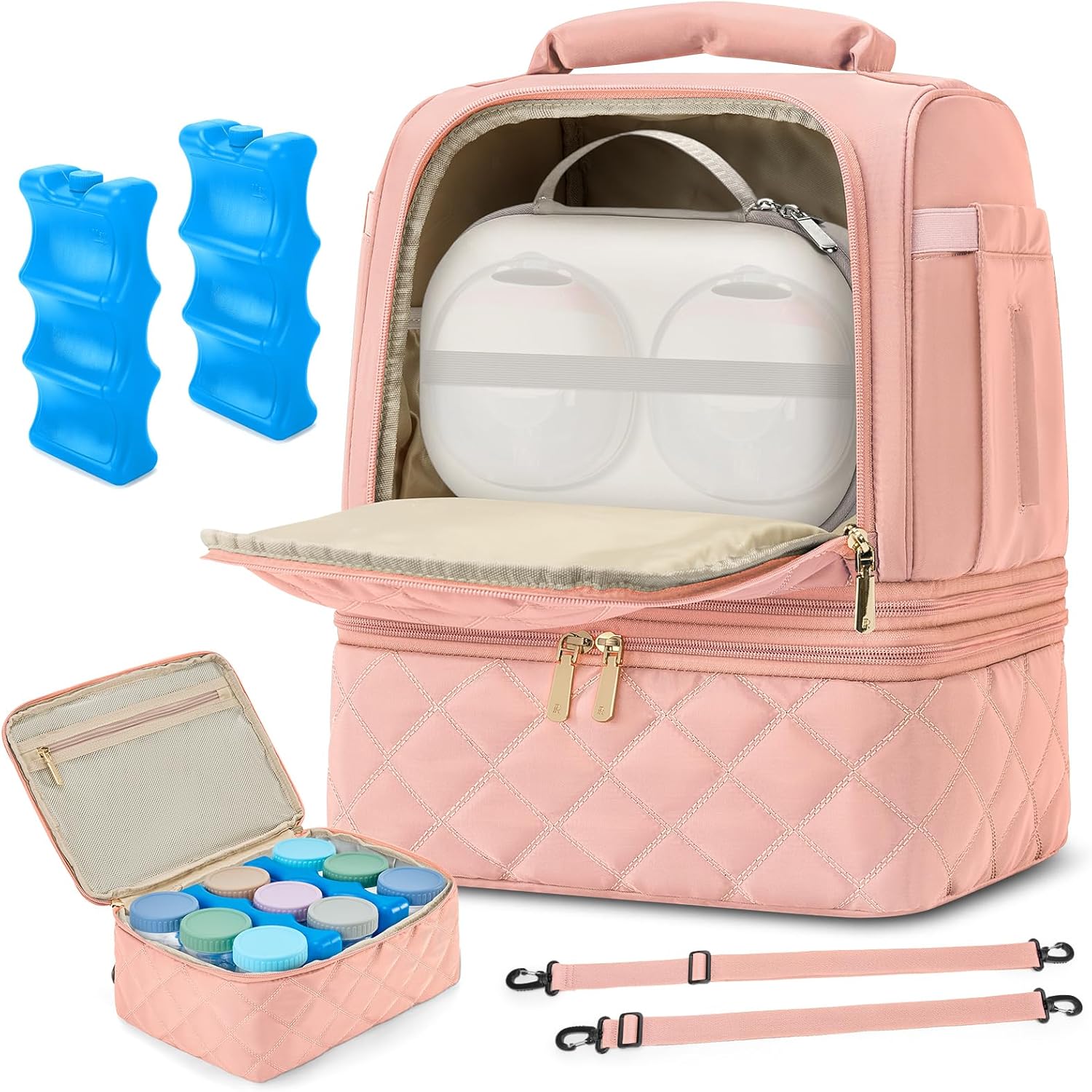RAINSMORE Breast Pump Bag, Spectra & Medela Pump Backpack with Cooler Compartment & Ice Pack, Multi-Functional Travel Bag for Working Moms, Can Be Used as Diaper Bag or Insulated Lunch Bag - Pink