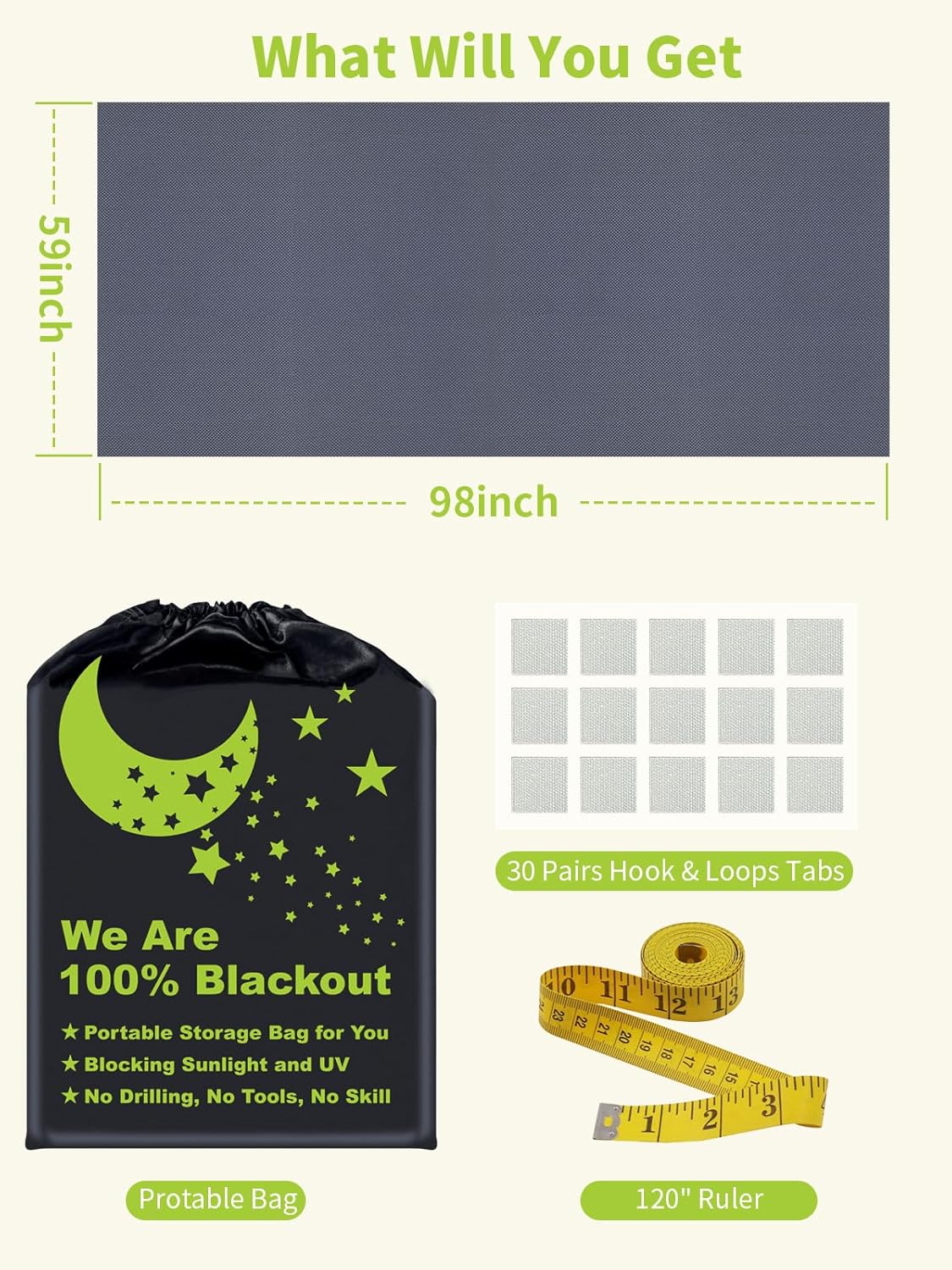 Blackout Blinds Blue [XL Size 98in x 59in][100% Blackout Light][No Drill][DIY Cut to Any Size or Shape] Portable Temporary Travel Blackout Curtains for Nursery,Bedroom,Film Room,RV Car Windows Cover