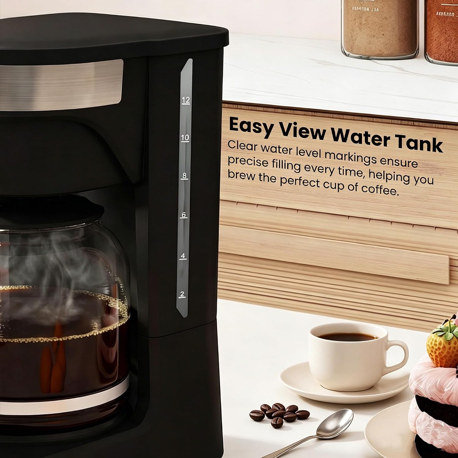 12-Cup Coffee Maker, Drip Coffee Maker, Reusable Filter, Automatic Keep-Warm & Pause, Easy-View Water Tank, Heat-Resistant Coffee Pot，Coffee maker perfect for family gatherings, black