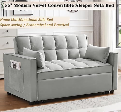 Miniatura 3 de Sofá cama convertible 3 en 1 con sofá cama extraíble, moderno sofá biplaza de terciopelo con respaldo ajustable y almohadas lumbares, sofá cama