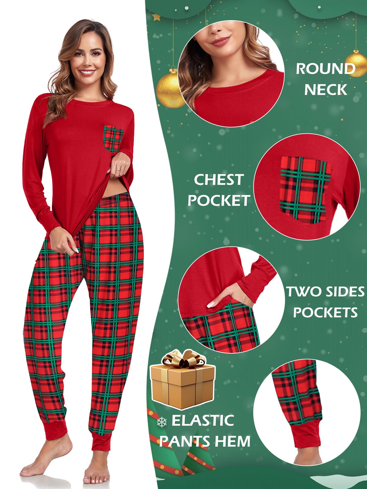 Conjunto de pijama a cuadros de Navidad a juego para parejas, ropa de dormir de manga larga, suave modal con bolsillo, S-3XL
