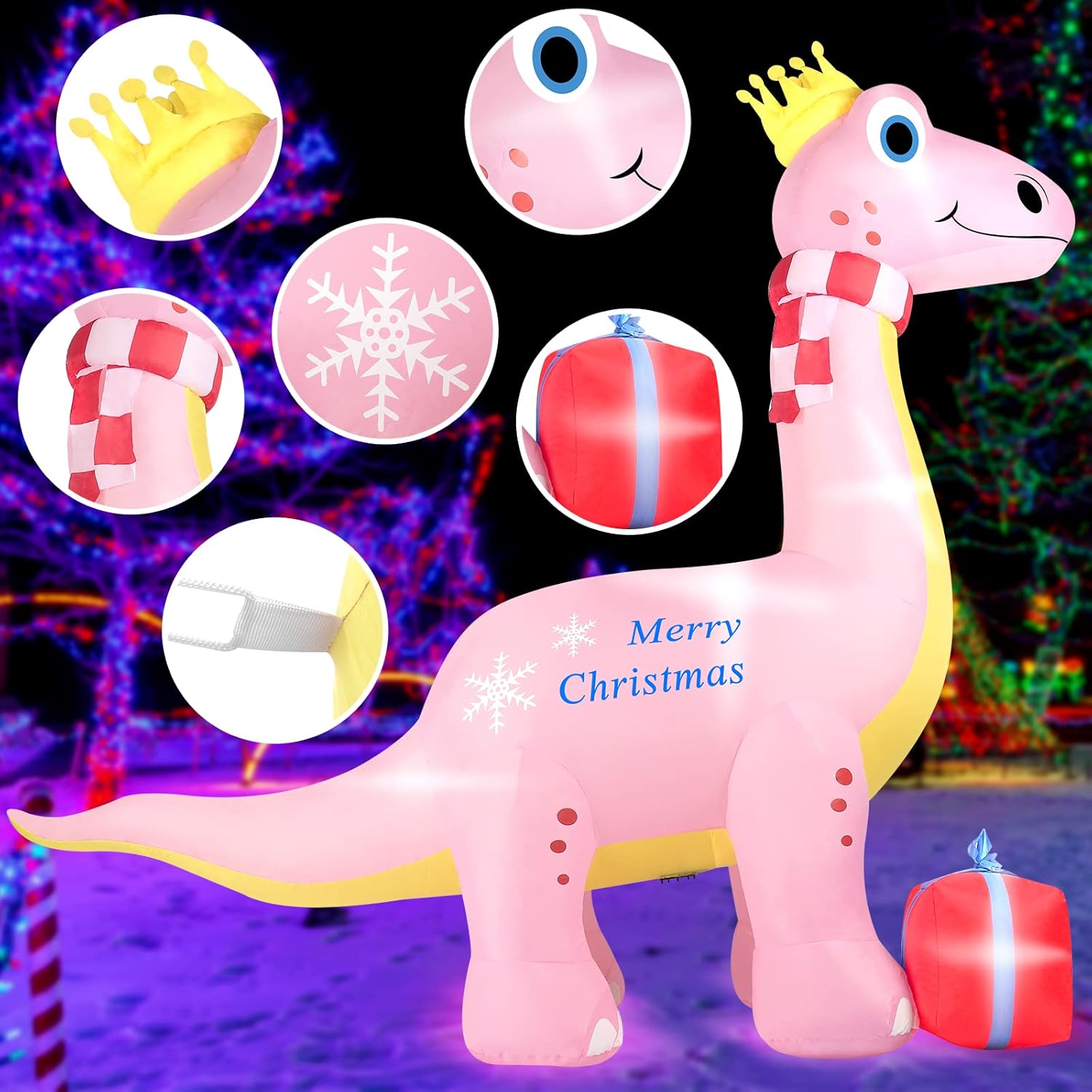 HUUIDY Christmas Inflatable Dinosaur, 7Ft Outdoor Christmas Decorations with Led Lights, Christmas Blow Up Yard Decorations with Present Christmas Hat for Outdoor Yard Lawn Garden Party Decor
