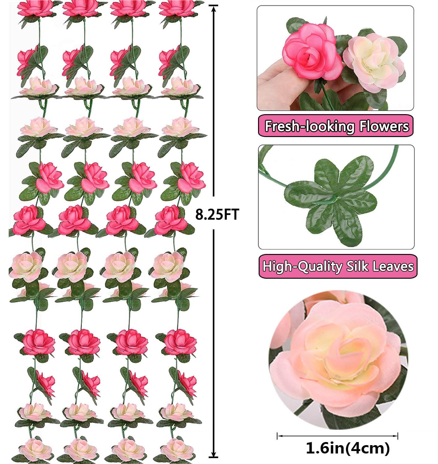 Flores falsas – 4 plantas artificiales de vid de rosas de 32.8 pies para colgar hiedra rosa para el hogar, hotel, oficina, boda, fiesta, jardín, decoración artística (blanco) 7