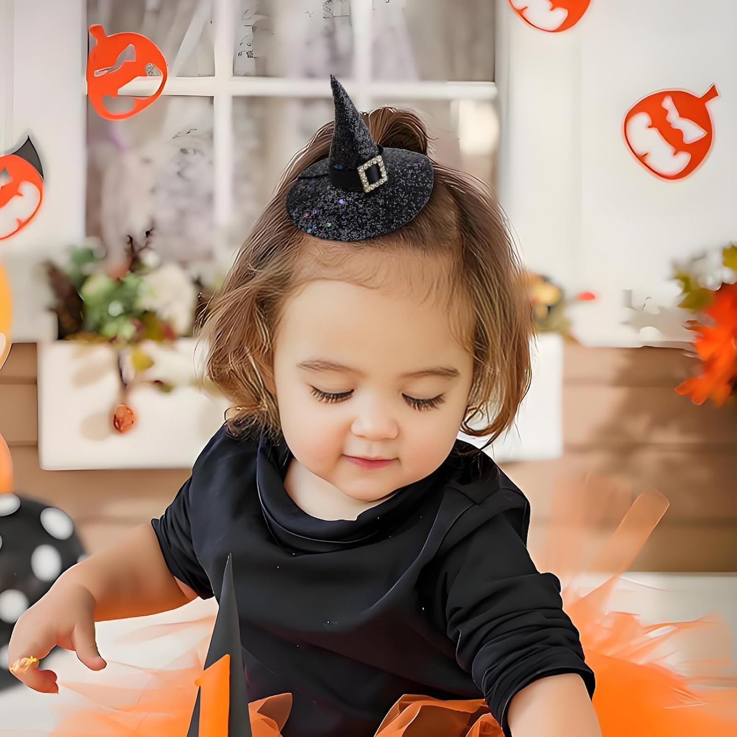 Halloween Hair Clip 3.5 Inches Girls Witch Hat Clips 2pcs Black Glitter Witches Hat with Alligator Clip Halloween Outfit for Girl Accessory - Image 2