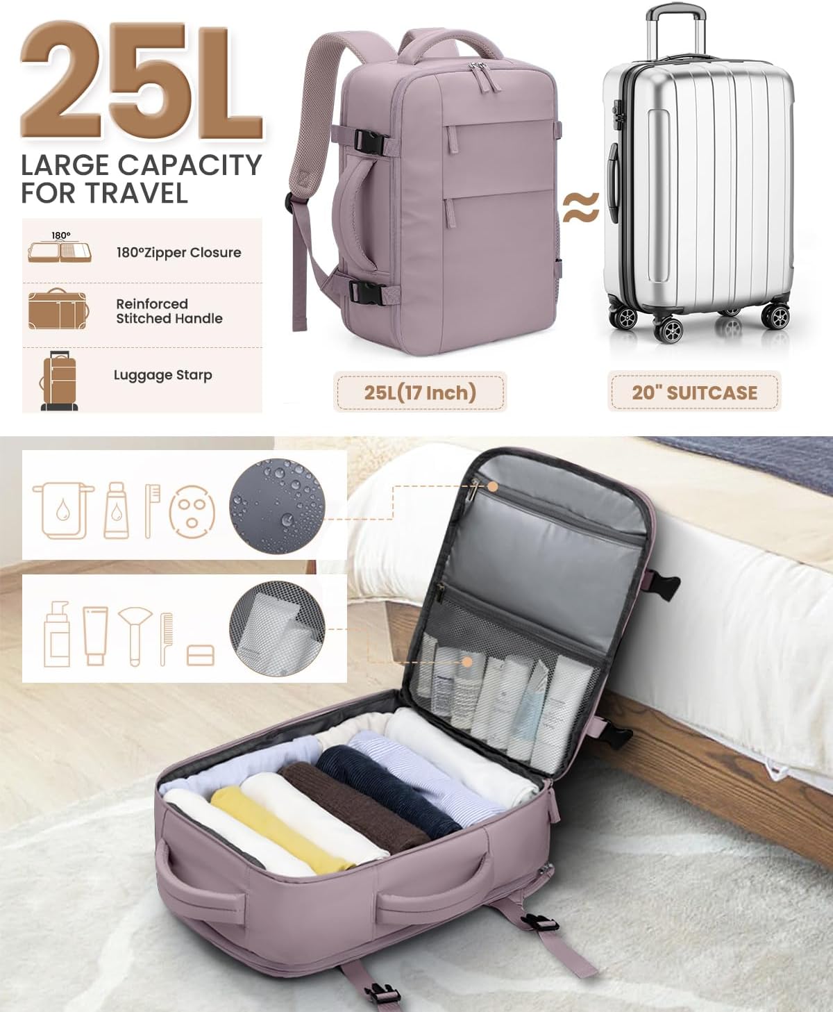 Pritent Travel Backpack for Women Man, Waterproof Laptop Backpack Travel Bag Airline Approved Carry on Weekender Overnight Bag Bookbag for Business,Travel, Work Fits 17.3 inch Laptop(Large,Purple)