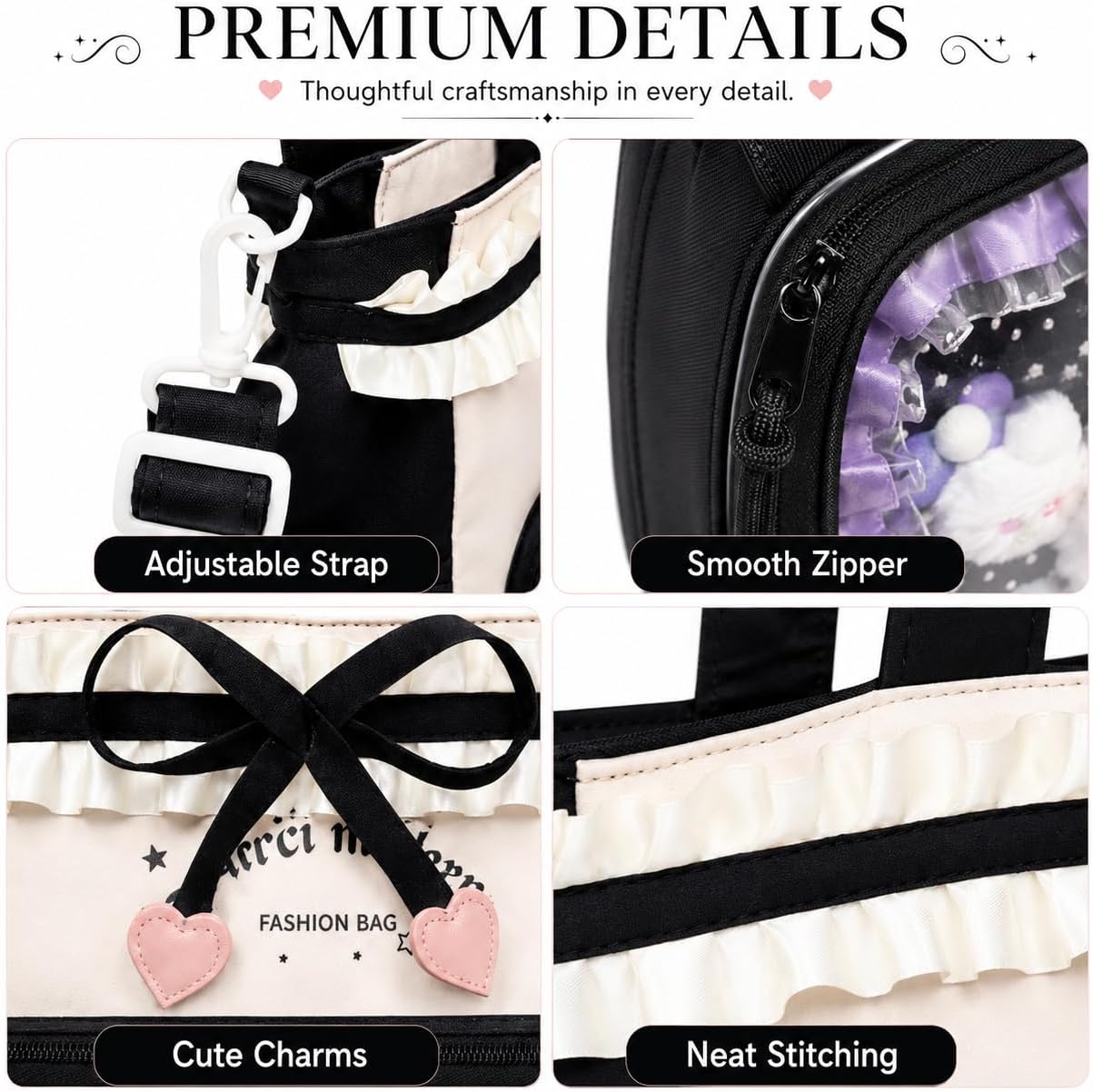 Kawaii Ita Bag with Ruffle Trim, Cute Color Block Crossbody Bag, Pin Display Shoulder Bag with Insert Y2k Style image 4