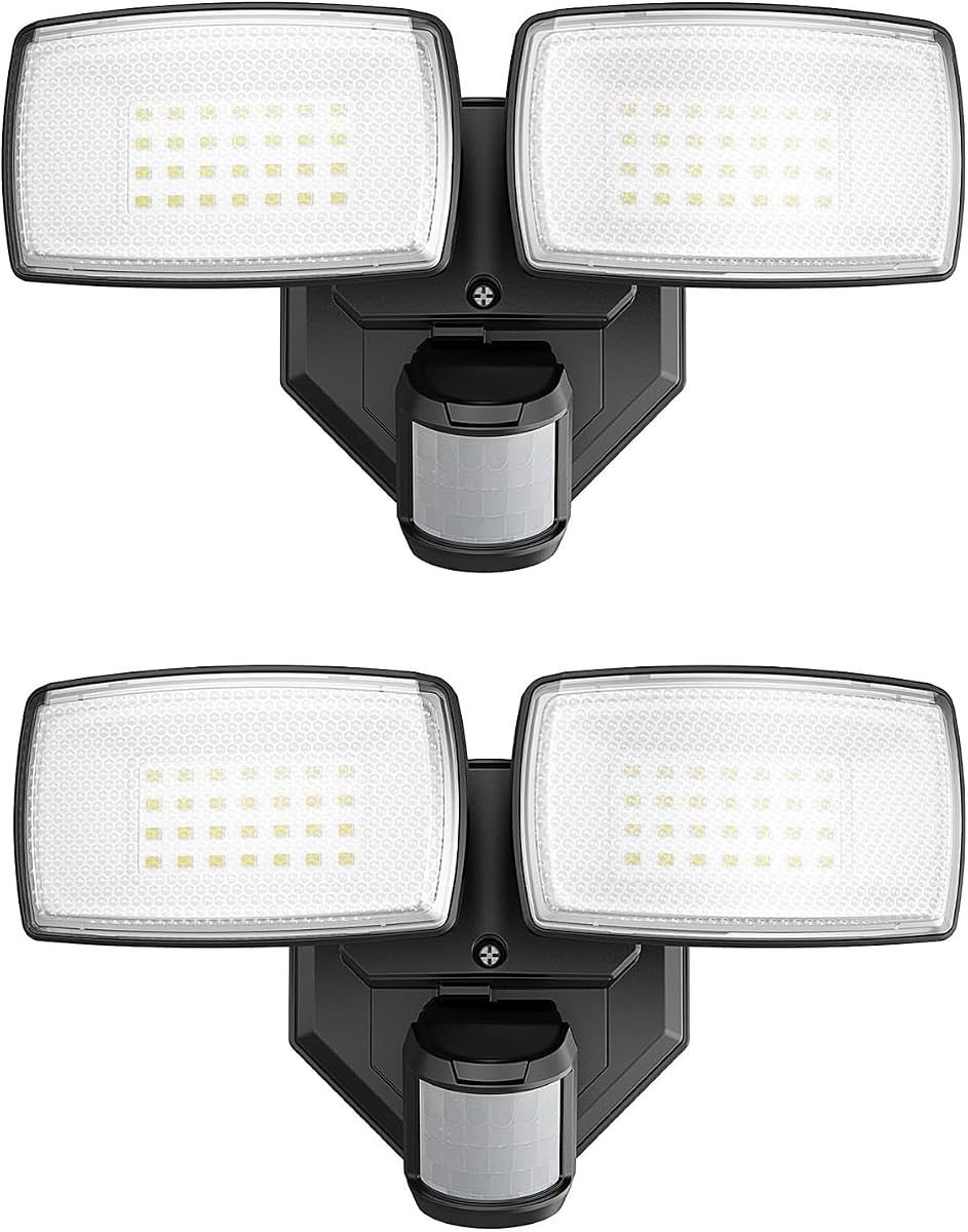 Onforu Luces exteriores con sensor de movimiento de 32 W, 2 cabezales, 3200 lm, 6500 K, luz de seguridad LED cableada, de atardecer a amanecer, luz detector de movimiento para exterior, paquete de 2 luces de inundación impermeables IP65 para garaje, patio (negro)