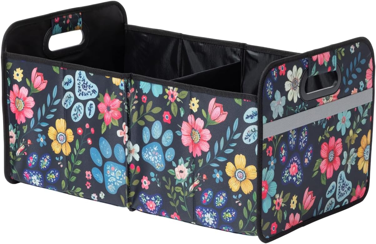 Paws Car Trunk Organizer Foldable Storage Bin with Handles Non Slip Base Pet Gear Travel Tote for SUV Truck (Floral Pawscape)