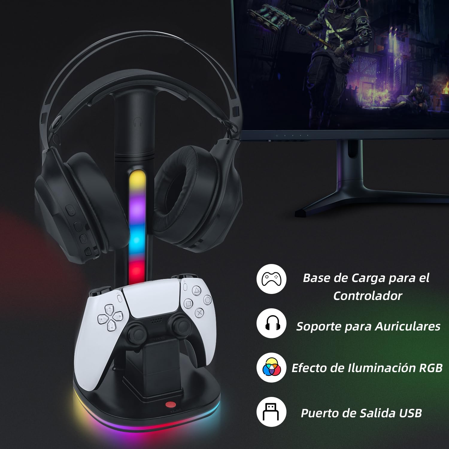 Mcbazel Cargador para Controlador PS5 DualSense, con Iluminación RGB Versátil y Soporte para Auriculares, Compatible con Mandos PS5 DualSense