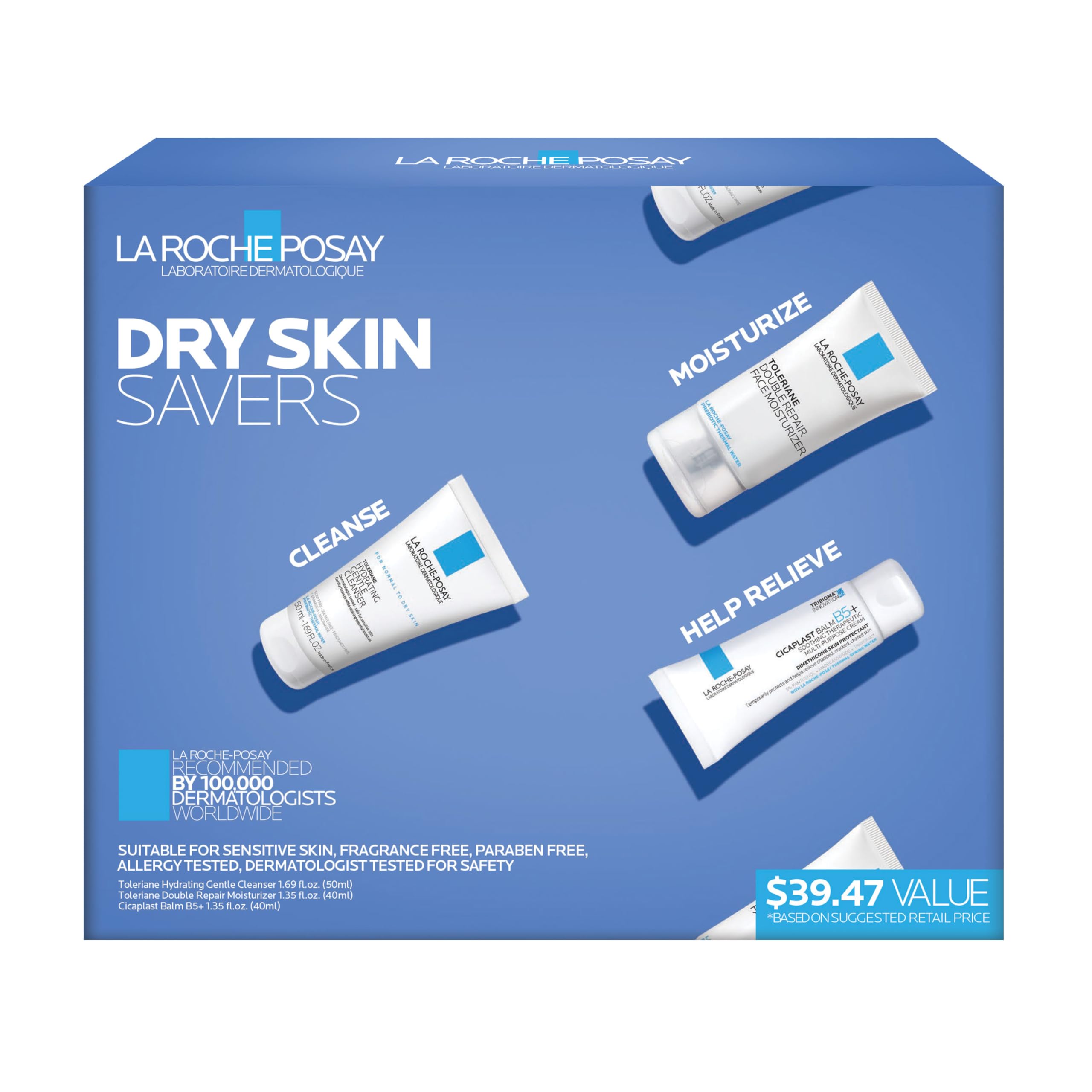 La Roche-Posay Dry Skin Saver Gift Set with Toleriane Hydrating Gentle Cleanser Face Wash 50ml, Double Repair Face Moisturizer 40ml & Cicaplast B5+ 40ml, Travel Size Face Cleanser & Face Lotion Set
