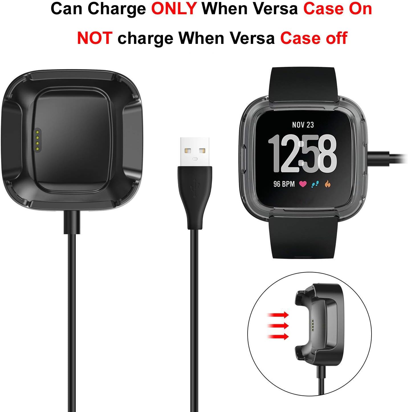 KIMILAR Screen Protector Case Charger Compatible with Fitbit Versa Smartwatch, TPU Plated Full Coverage Bumper Replacement case Unique Charger Dock Charging Cable (Charge with Case On) Clear