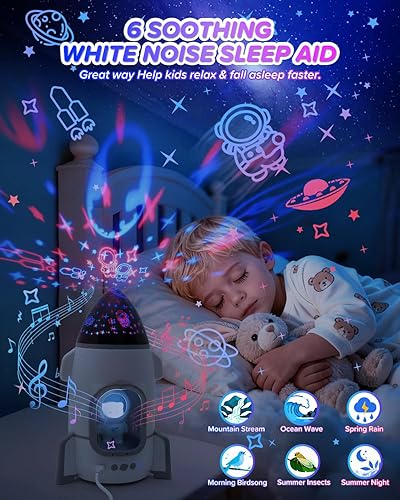 Miniatura 3 de Proyector de luz nocturna de cohete para niños, juguetes con música y películas, regalos de cumpleaños y Navidad, luces nocturnas con rotación de