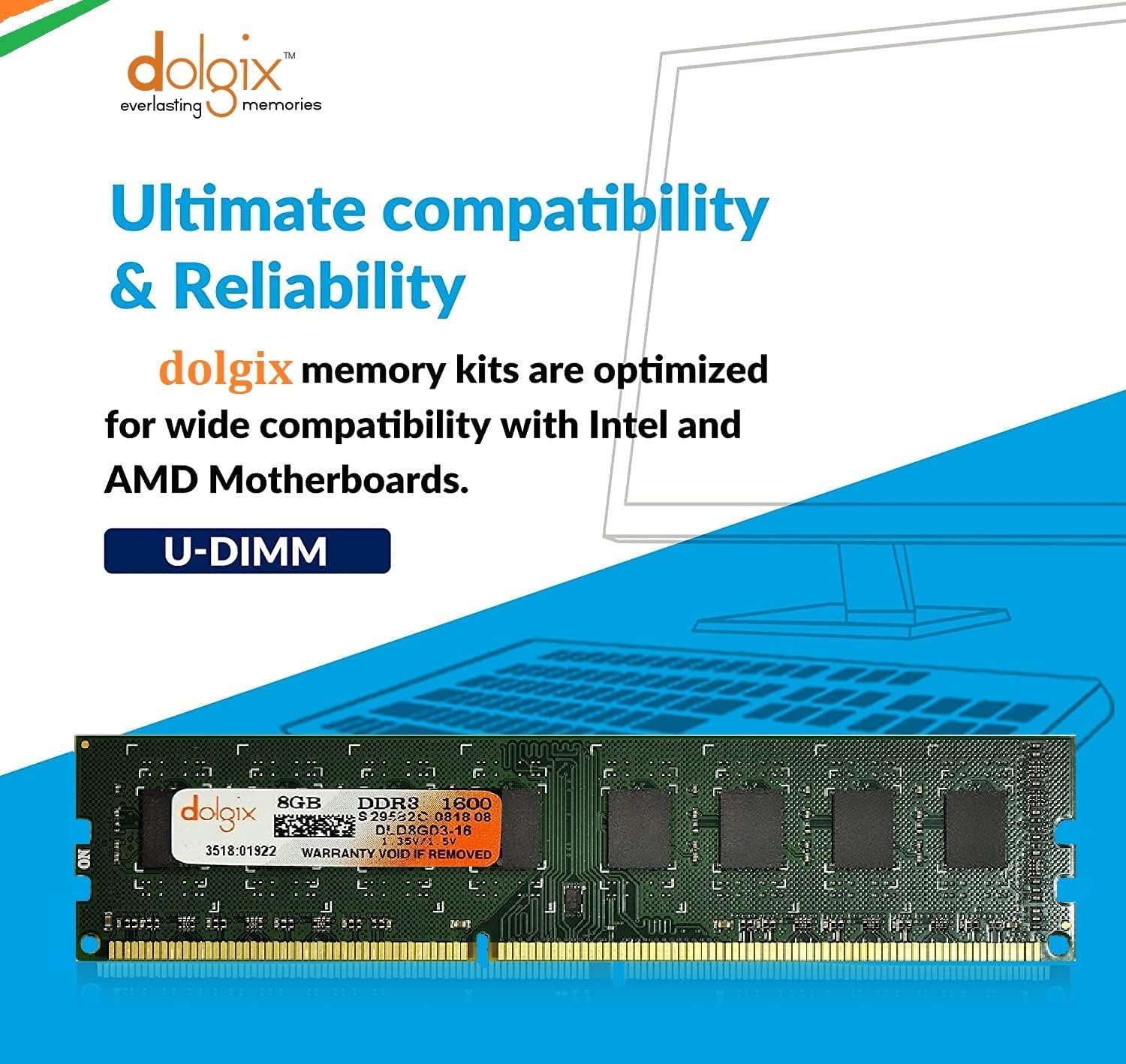 DOLGIX 8GB DDR3 1600MHz PC3-12800 DIMM Desktop RAM Module 2Rx8 1.35V 240-Pin Non-ECC Unbuffered Memory Upgrade