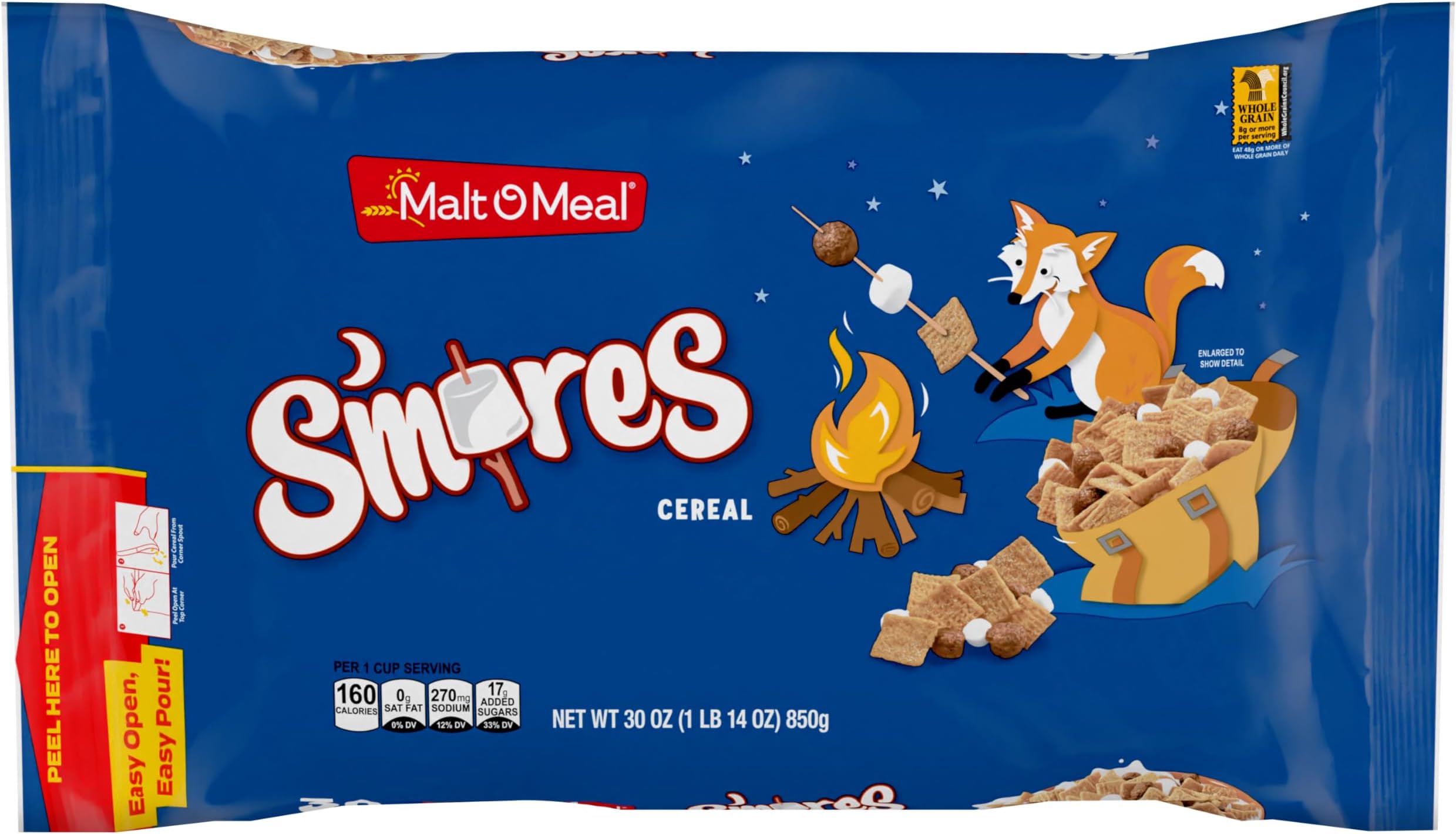 Malt-O-Meal S'mores Breakfast Cereal, with Honey Graham Squares, Chocolatey Puffs and Marshmallow Bits, Large Cereal for Family, 30 OZ Resealable Bag