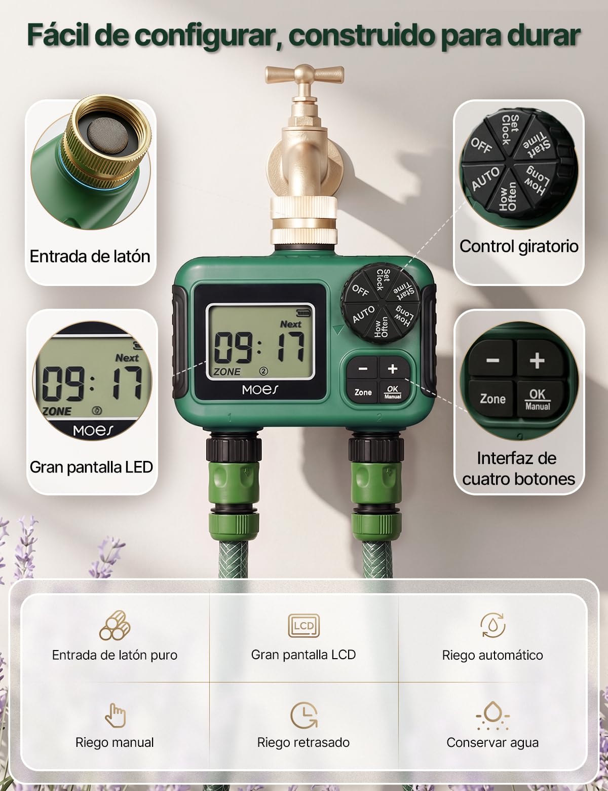 MOES Temporizador de riego con Entrada de latón, regulador de riego automático programable con Bloqueo de Lluvia y riego Manual, Temporizador de Manguera de 2 Zonas para jardín y césped