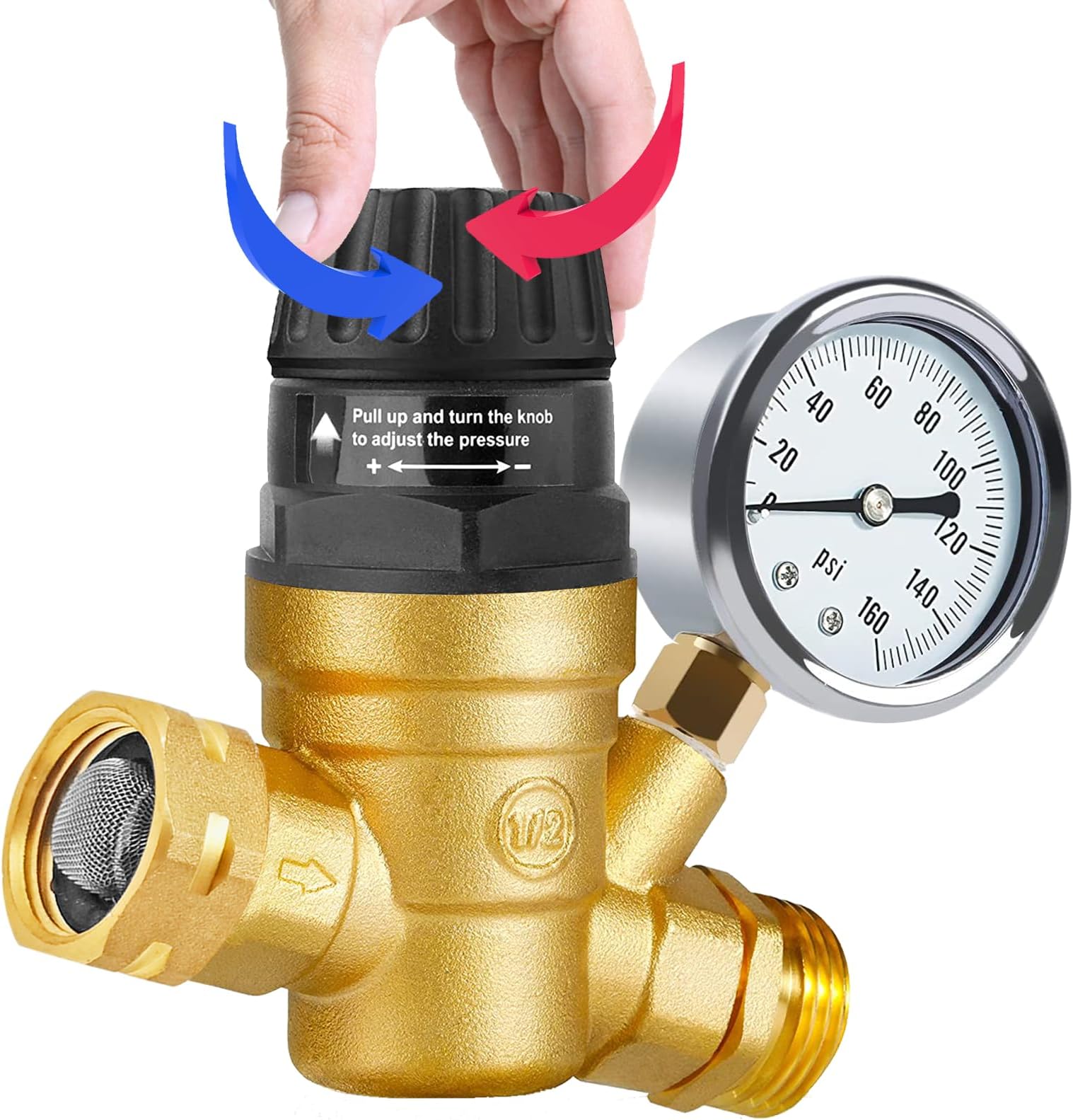 - Boltigen RV Water Pressure Regulator with Gauge Lead-Free Brass Knob Adjustable Water Pressure Reducer Valve, for Camper Travel Trailer RV Drinking Water Pressure Adjust, Protecting Plumbing System
