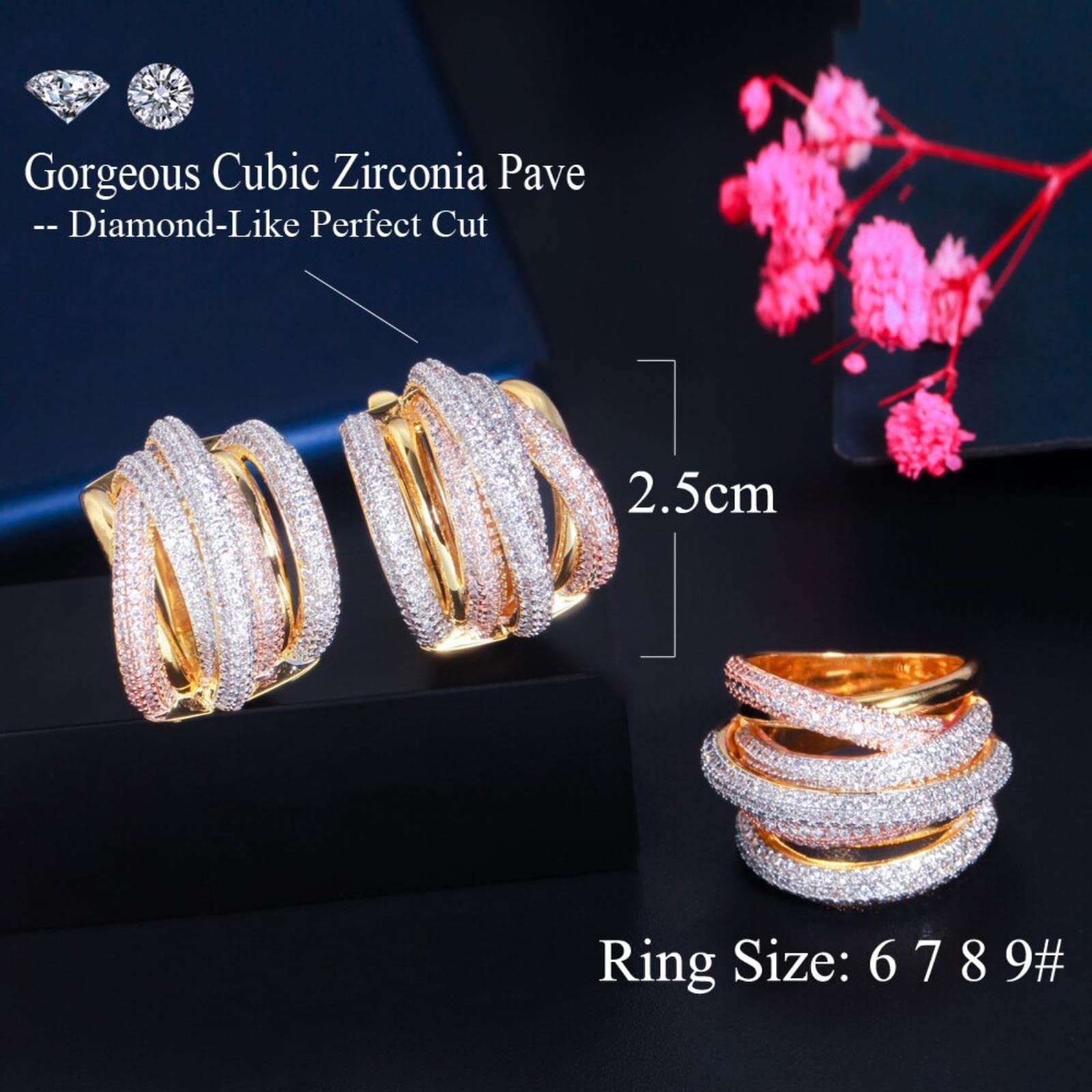 Zirconi Twist Intrecciato Multicolor Cubic Zirconia Donna Festa Nuziale Grande Orecchino A Cerchio E Anello Gioielli Di Moda