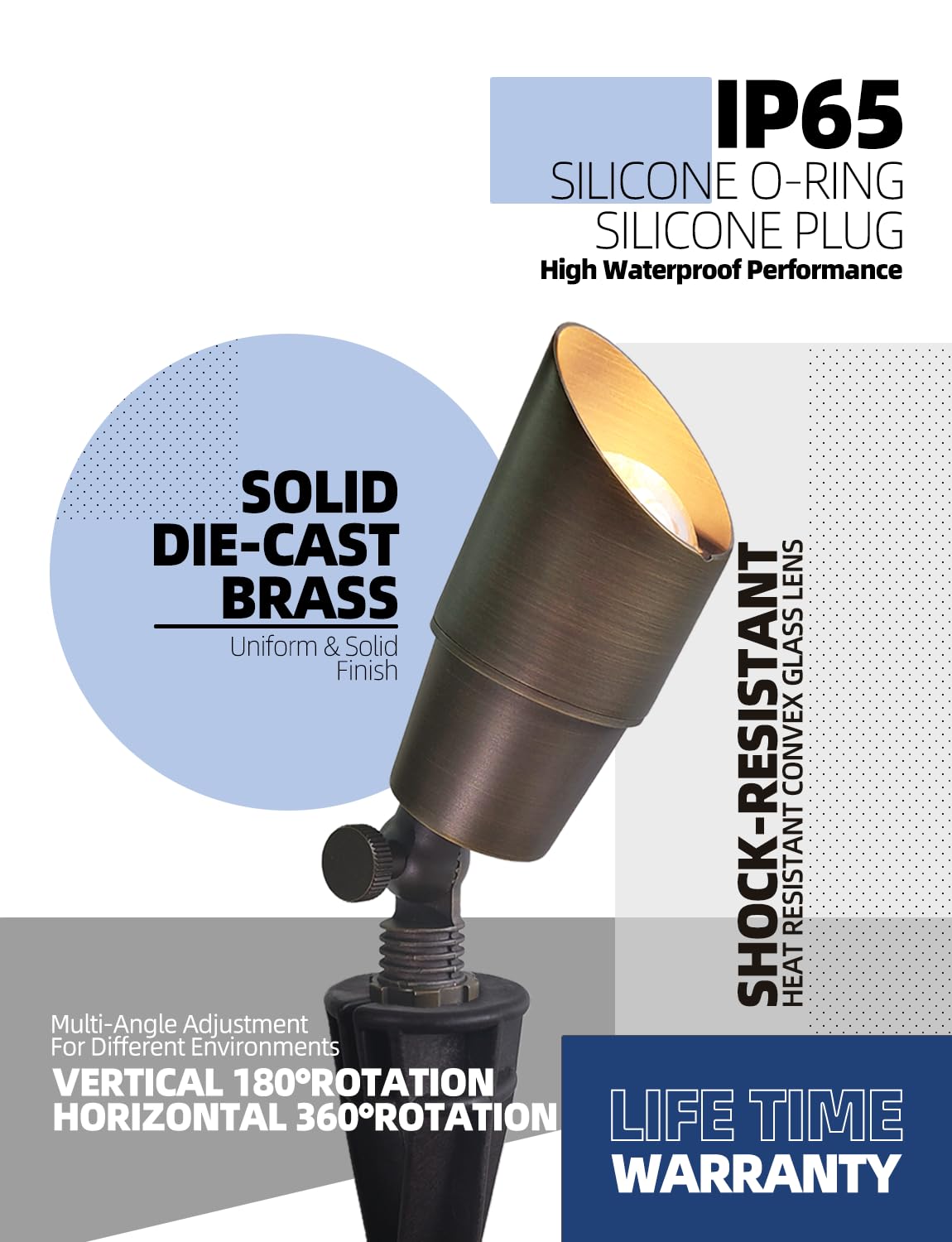 MALORY Brass Landscape Spotlight 6-Pack with Bulb(S01), Low Voltage 12V AC/DC LED Outdoor Landscape Lighting,PVC Ground Stake and Wire Connector Included, Garden Patio Trees Spot Uplight