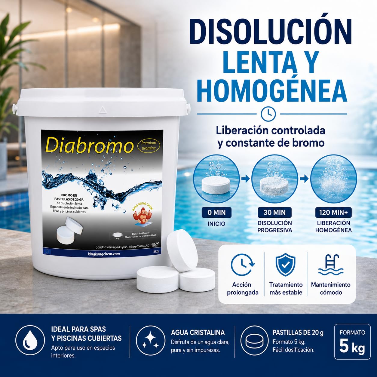 Diabromo 5 kg - Bromo Desinfectante para SPA y Piscinas Cubiertas - Pastillas de 20 Gramos