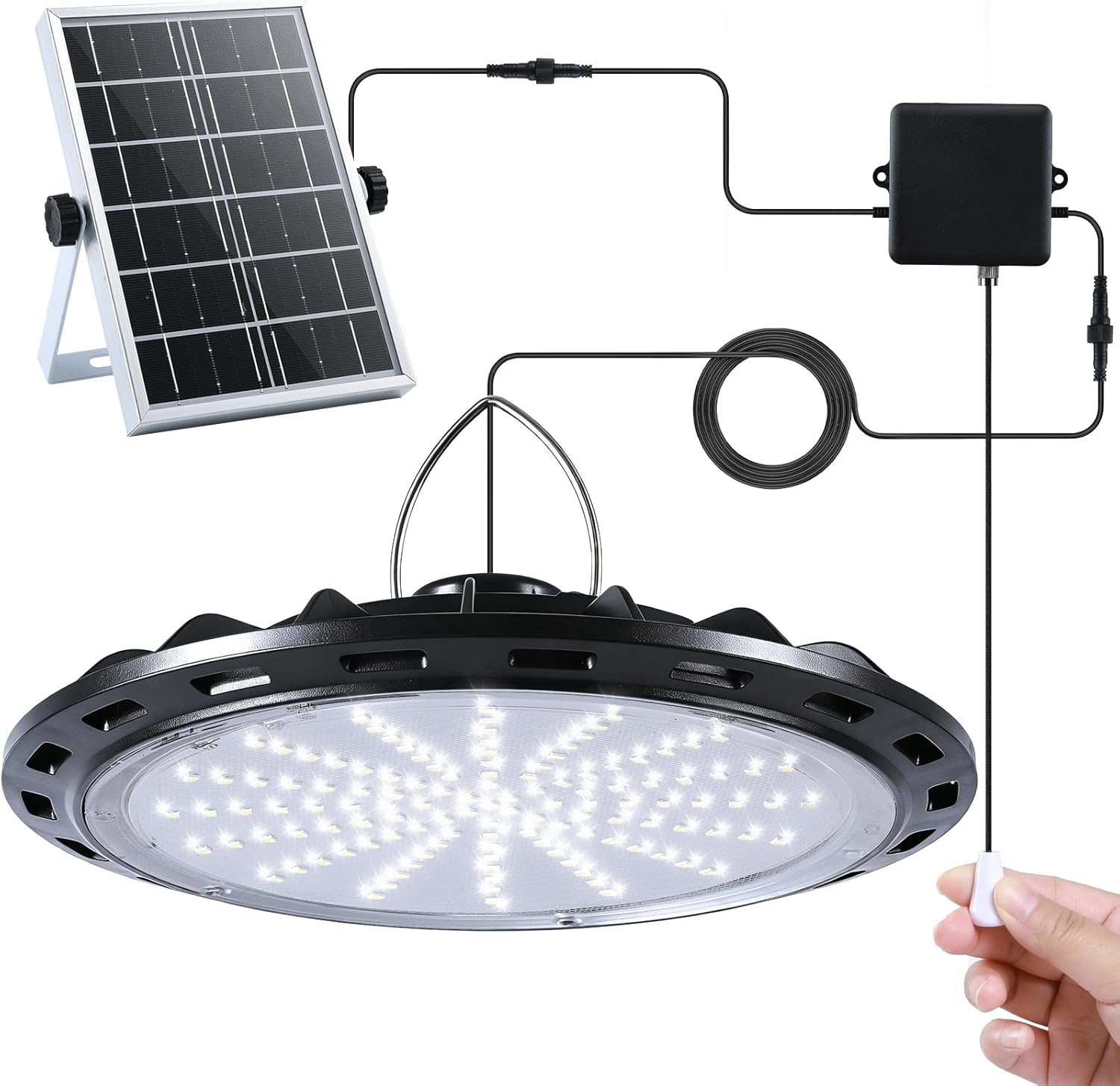 Solar Shed Light Indoor Outdoor, 2000LM Solar Pendant Light Daytime Available Pull Cord with 2 Brightness Modes, IP65 Waterproof Ceiling Lamp for Barn, Garage, Shop, Gazebo