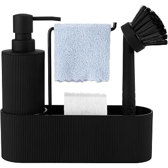 GAHEFY Soap and Detergent Dispenser Set for Kitchens with Soap Dispenser Washing Up Brush Sponge Dish Cloth Holder Bathroom Soap Dispenser Set for Bathroom Kitchen Organiser Sink Slim Black