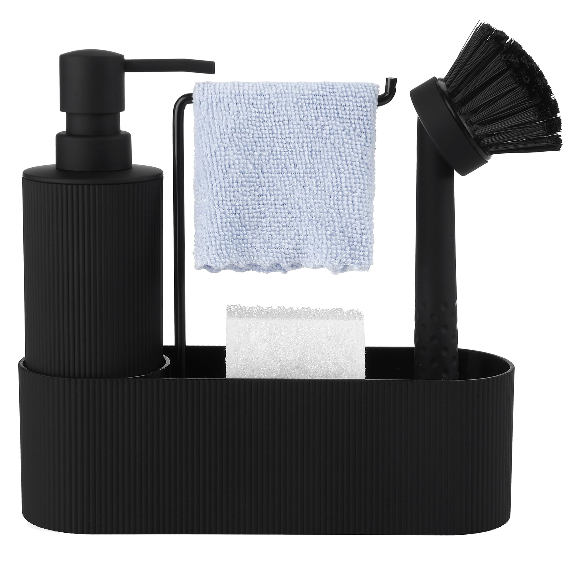 GAHEFY Seifen und Spülmittelspender Set für Küchen mit Seifenspender Spülbürste Schwamm Spültuchhalter, Badezimmer Seifenspender Set für Bad, Küchen Organizer Spüle Schmal (Schwarz)