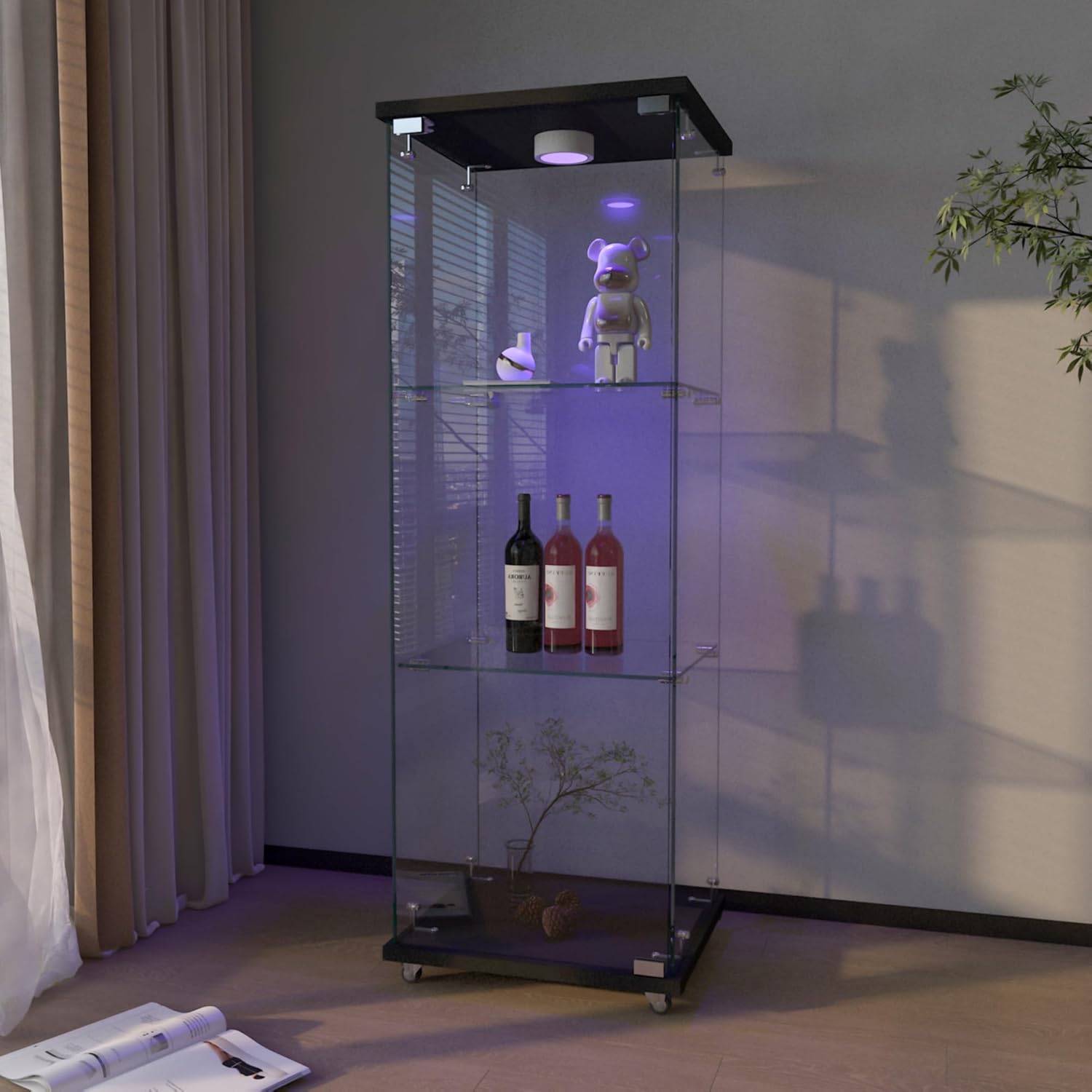 Yoluckea 3-Tier Glass Display Cabinet with LED Lighting, 1-Door Floor Standing Curio Cabinet with Universal Wheel for Home, Office, or Corner Display, Black Glass Bookshelf for Collections and Decor