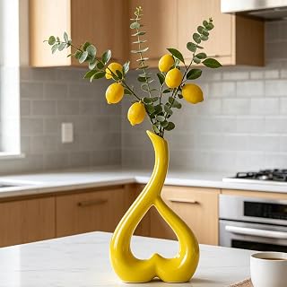 Yellow Heart Shaped Ceramic Vase Pampas Grass Decoration Living Room Modern Vase Room Living Room Decoration Aesthetic Boho Modern Ceramic Vases for Vanity Coffee Table Bedroom