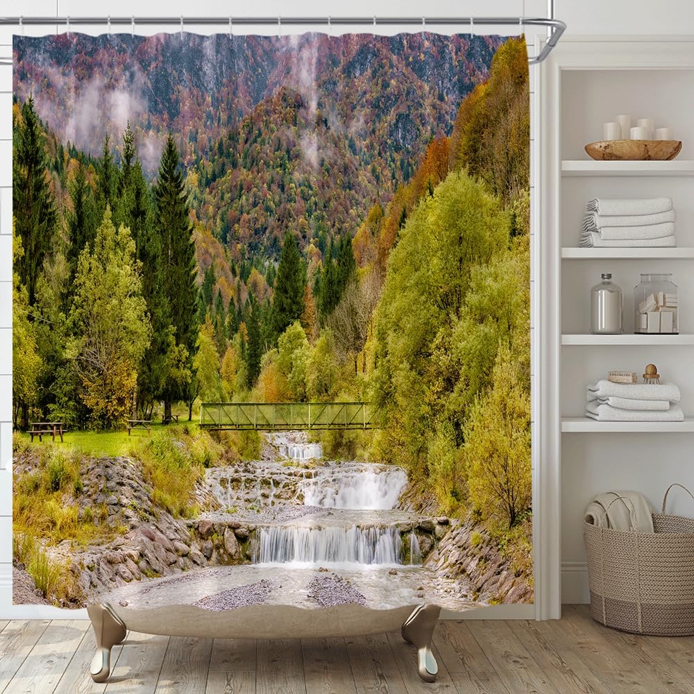 AMFD Italian Shower Curtain European Old Mediterranean Village Street Garden Greece Nature Scene City Decor Home Bathroom Bathtub Curtains Set Include Hooks, (70"" Wx74.8 H), Red Green