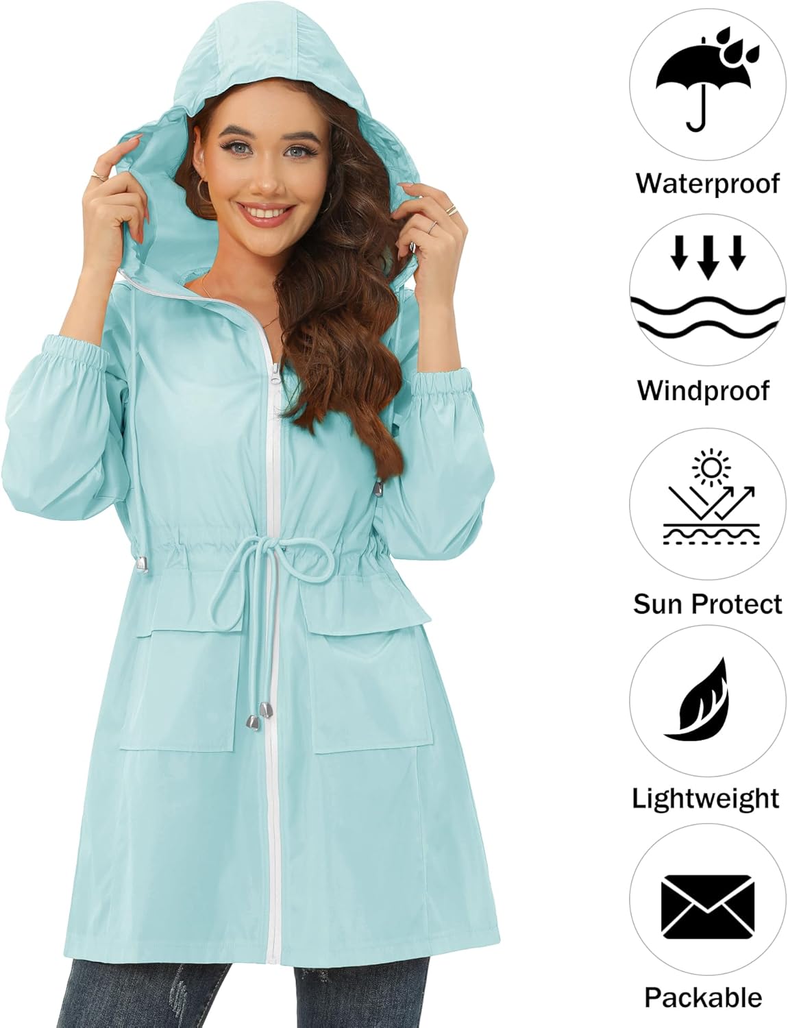 Women's Waterproof Rain Jacket with Hood Lightweight Packable Long Raincoat Windbreaker for Outdoor Activities - Image 2