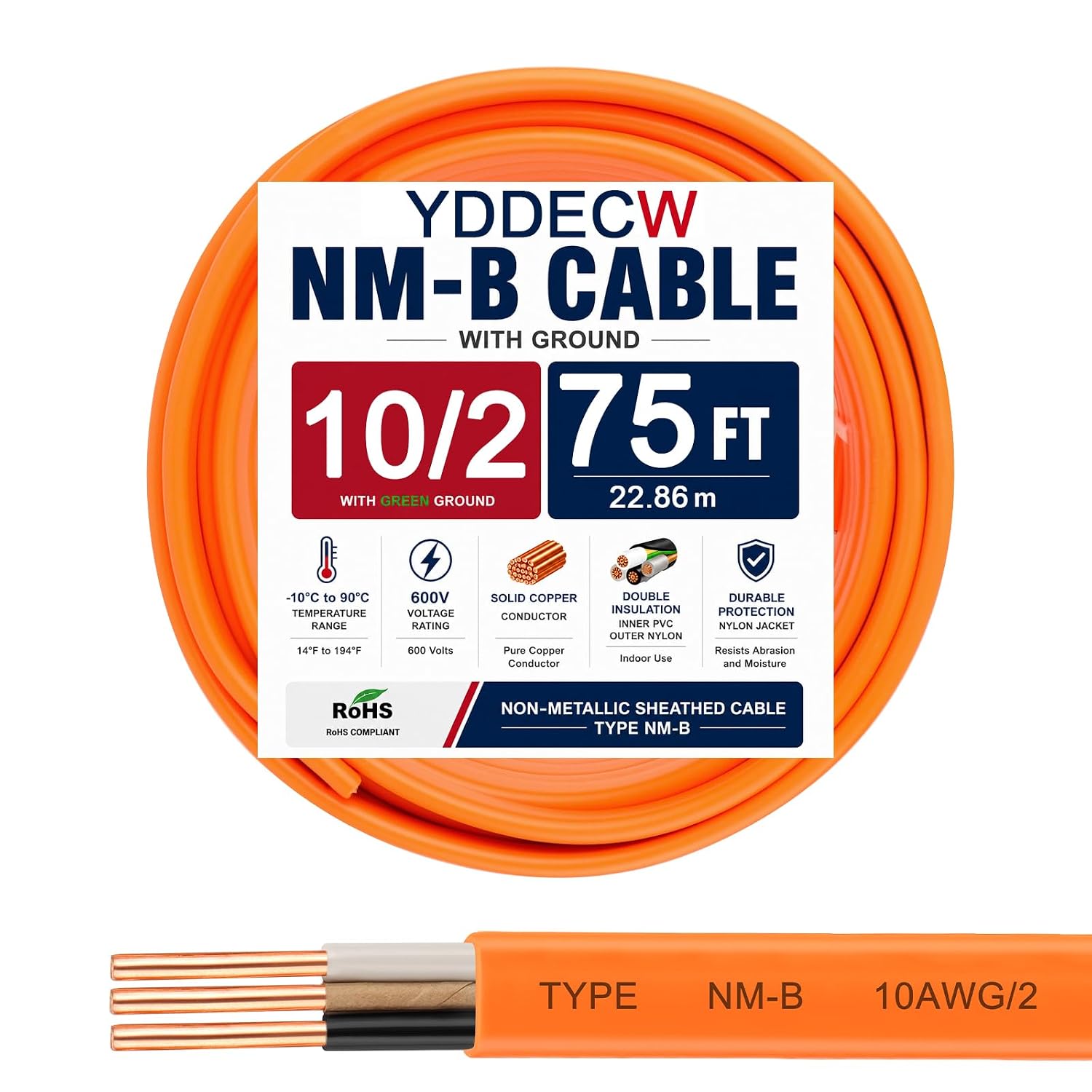 10/2 NM-B Wire with Ground - 75FT 10 Gauge Non-Metallic Sheathed Cable Pure Copper 10 AWG 2 Conductor Residential Indoor Wire for Outlets, Switches and Other Loads etc.
