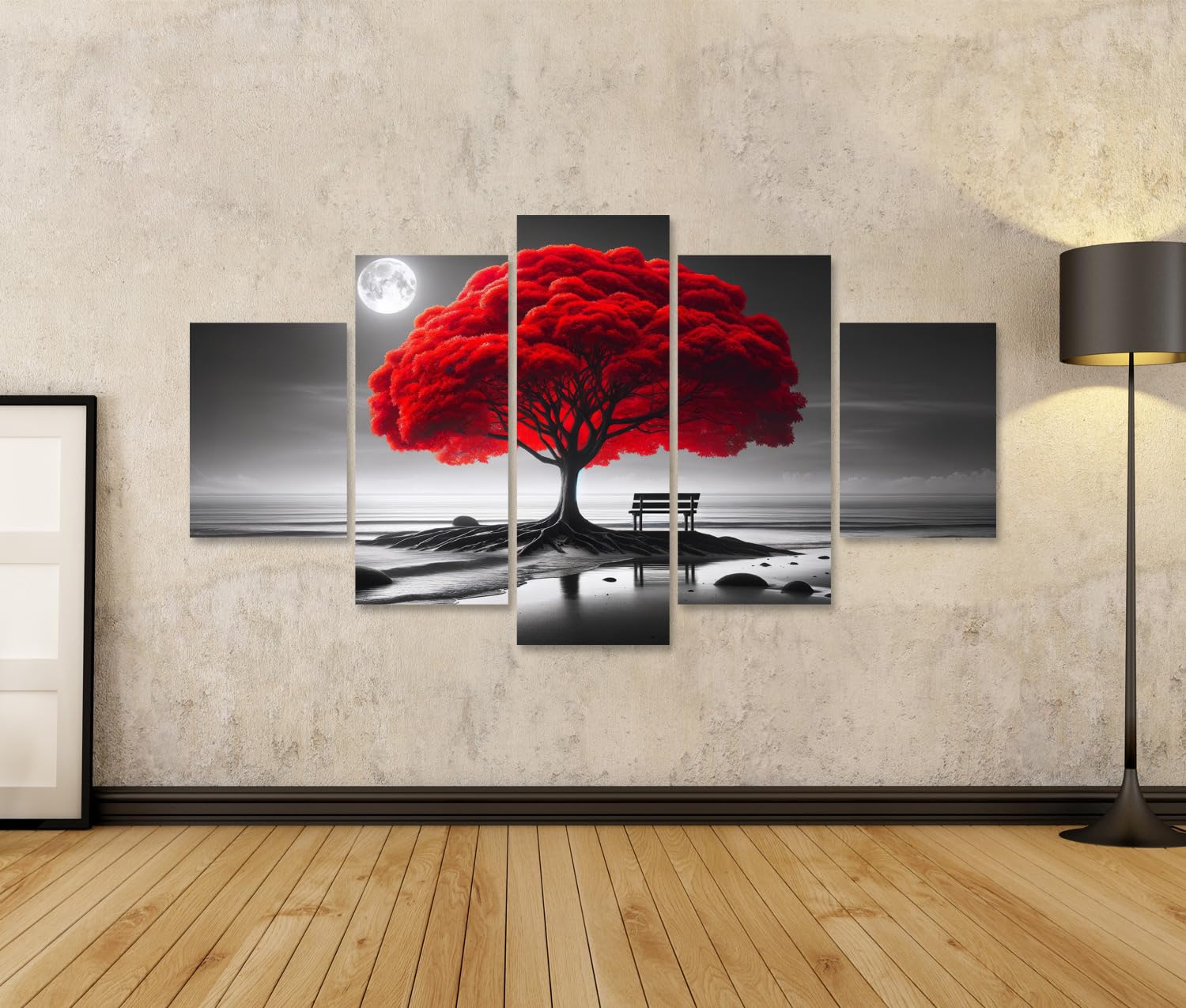 islandburner Cuadro sobre lienzo Árbol Rojo Brillante En Una Playa Monocromática Con Luna Cuadros Murales Póster