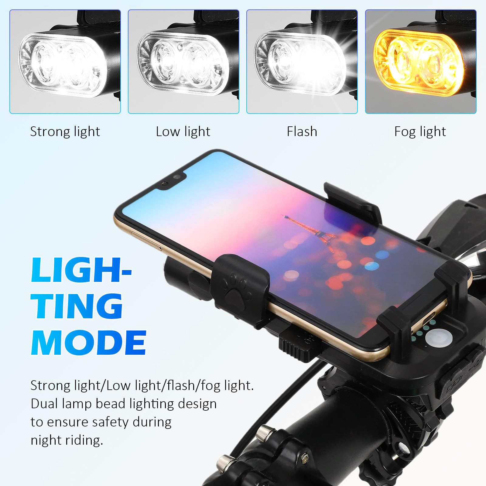 Luce LED per Bicicletta Mountain Bike Doppio LED, Batteria 4000mah Ricaricabile USB, Clacson ad Alto Decibel e Supporto Telefono per Guida Notturna Sicura