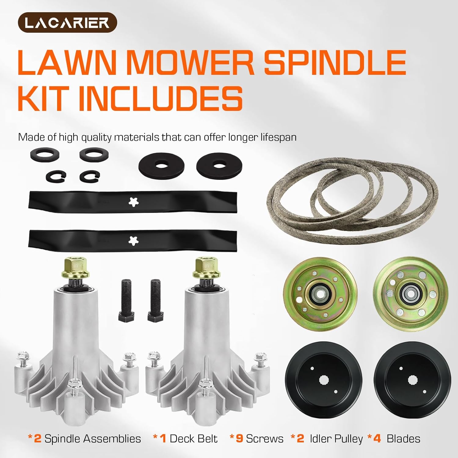 42 Inch Deck Rebuild Kit Replace for Craftsman/Husqvarna LT1000 LT2000, with 2 Spindles 130794 532130794, 2 Pulleys 153535, 2 Blades 134149, 2 Idlers 131494 173437, 1 Belt 144959 with 95 1/2 Inch