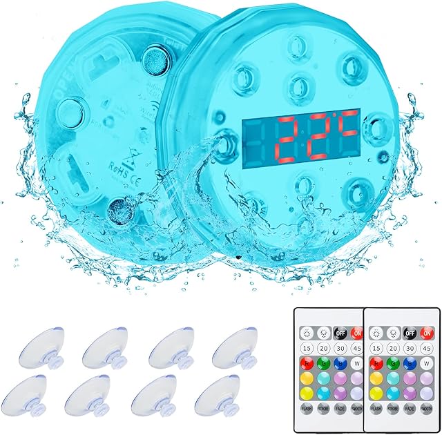 Submersible LED Lights with Temperature Display, Waterproof Underwater Light RGB Multicolor Led Lights with RF Remote for Vase Base, Aquarium, Pond, Pool, Bath, Hot Tub, Garden, Fish Tank, Party
