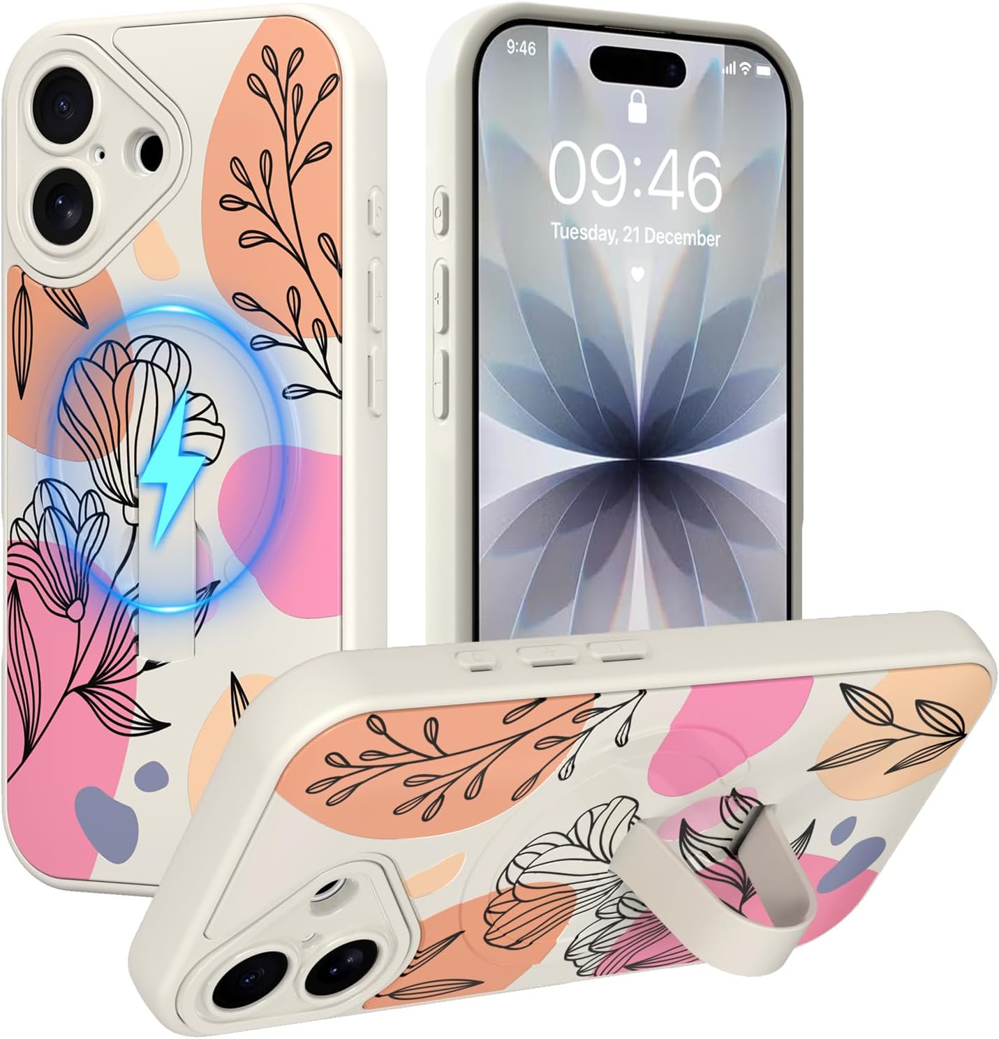Magnetic for iPhone 17 Case with Finger Hand Strap, Compatible with MagSafe Pretty Aesthetic Floral Pattern Design for Women Girl Soft Slim Drop Protective Cover, White