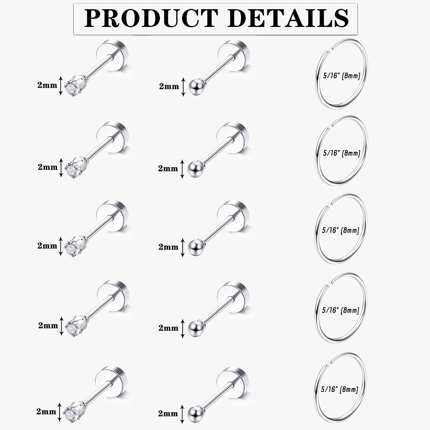 LOLIAS 15 Pairs Tiny Surgical Steel Gold Stud Earrings, Comfortable Screw Back Flat Back Earrings with CZ Dot Ball Stones, 2mm, 20G