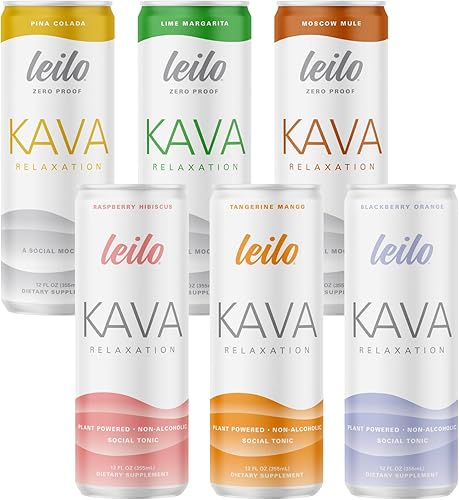 Leilo Calm in a Can | Bebida relajante espumosa con kava | Todo natural y sin gluten | Variedad de atardecer + Lite, 12 onzas, paquete de 6