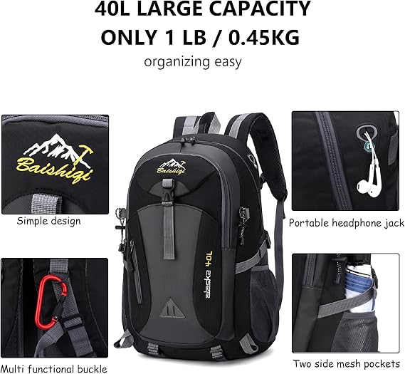 Hiking Backpack 40L Lightweight Foldable Backpack for Men Women Durable Water Resistant Daypack Rucksack for Camping Cycling Climbing Walking Mountaineer Outdoor Sports