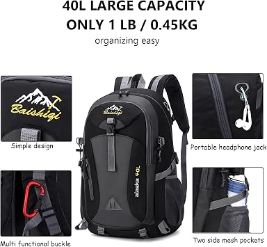 Hiking Backpack 40L Lightweight Foldable Backpack for Men Women Durable Water Resistant Daypack Rucksack for Camping Cycling Climbing Walking Mountaineer Outdoor Sports