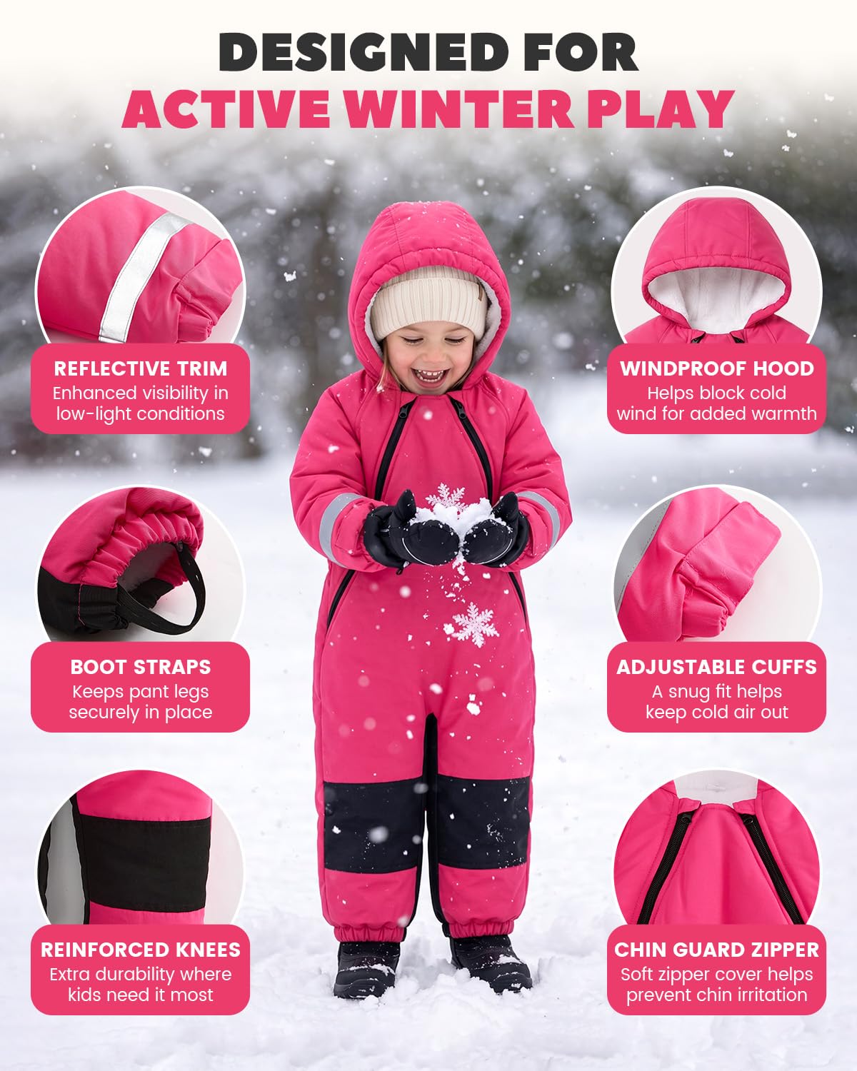 JiAmy Dziecięcy kombinezon śniegowy z kapturem, dla dziewczynek i chłopców, softshell, wiatroszczelny i wodoodporny, jednoczęściowy kombinezon narciarski z podszewką polarową, różowy, 110 cm (4-5 lat)