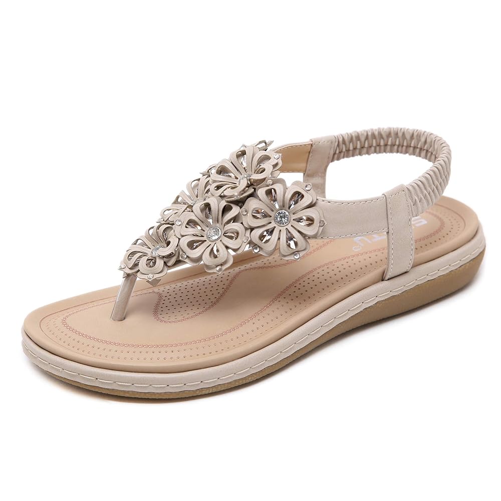 Buy SIKETU Women's Bohemia Slingback T-Strap Rhinestone Sandals Flats Shoes,  Apricot, 6 at Amazon.in