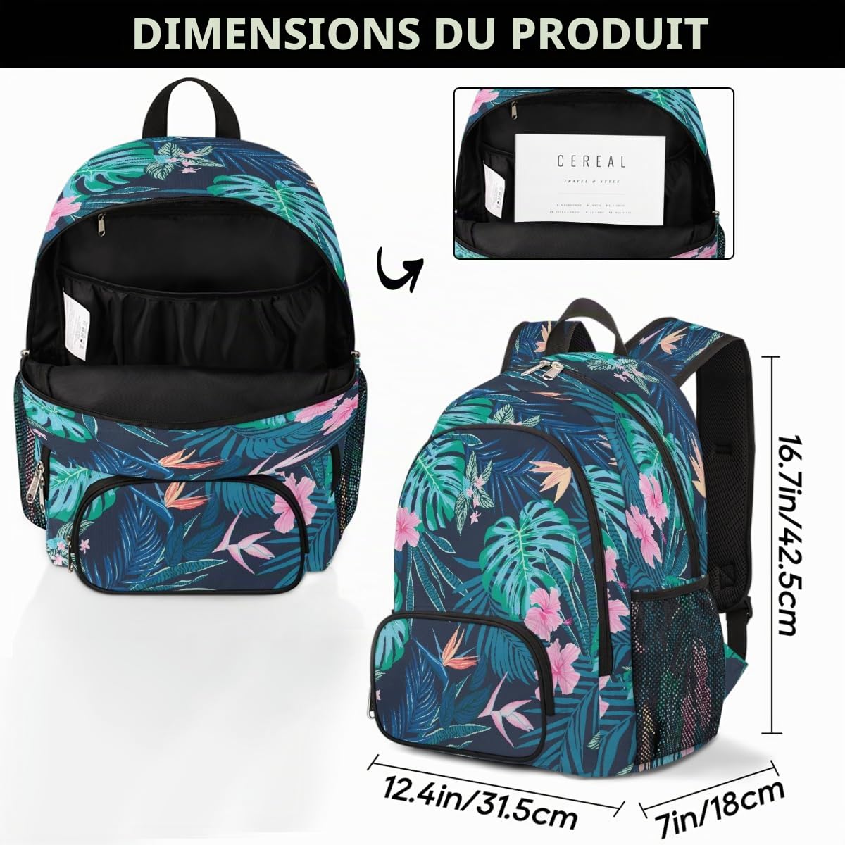 Mexpekil Sac à dos d'école léger pour garçons et filles, motif feuilles de palmier, fleurs tropicales, sac à dos pour ordinateur portable, sac à dos décontracté pour enfants et adolescents