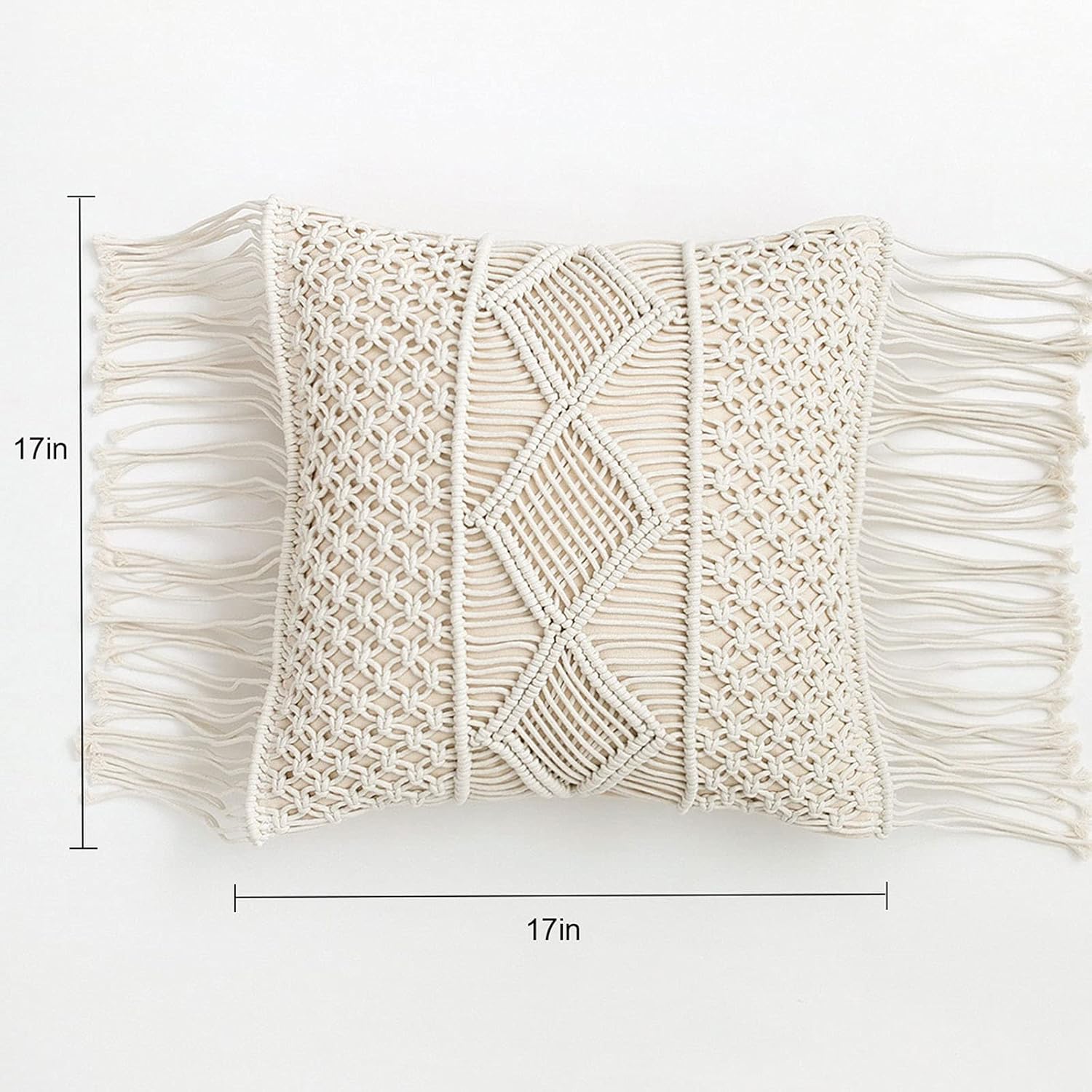 2 Packs Throw Pillow Covers, Macrame Throw Pillows Case, Bohemian Pillow Cases for Bed, Couch, Sofa or Farmhouse, Set of 2 Decorative Cushion Cover with Tassels, Home Decor Pillow Case 17"x17" (Cream)