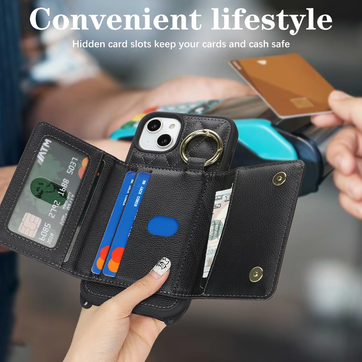 for iPhone 14 Plus Case with Card Holder and Strap for Women,Crossbody Lanyard, Make Up Mirror,Ring Stand,Snap Clasp,Cute Phone Wallet Cases 6.7 inch - Black - Image 3