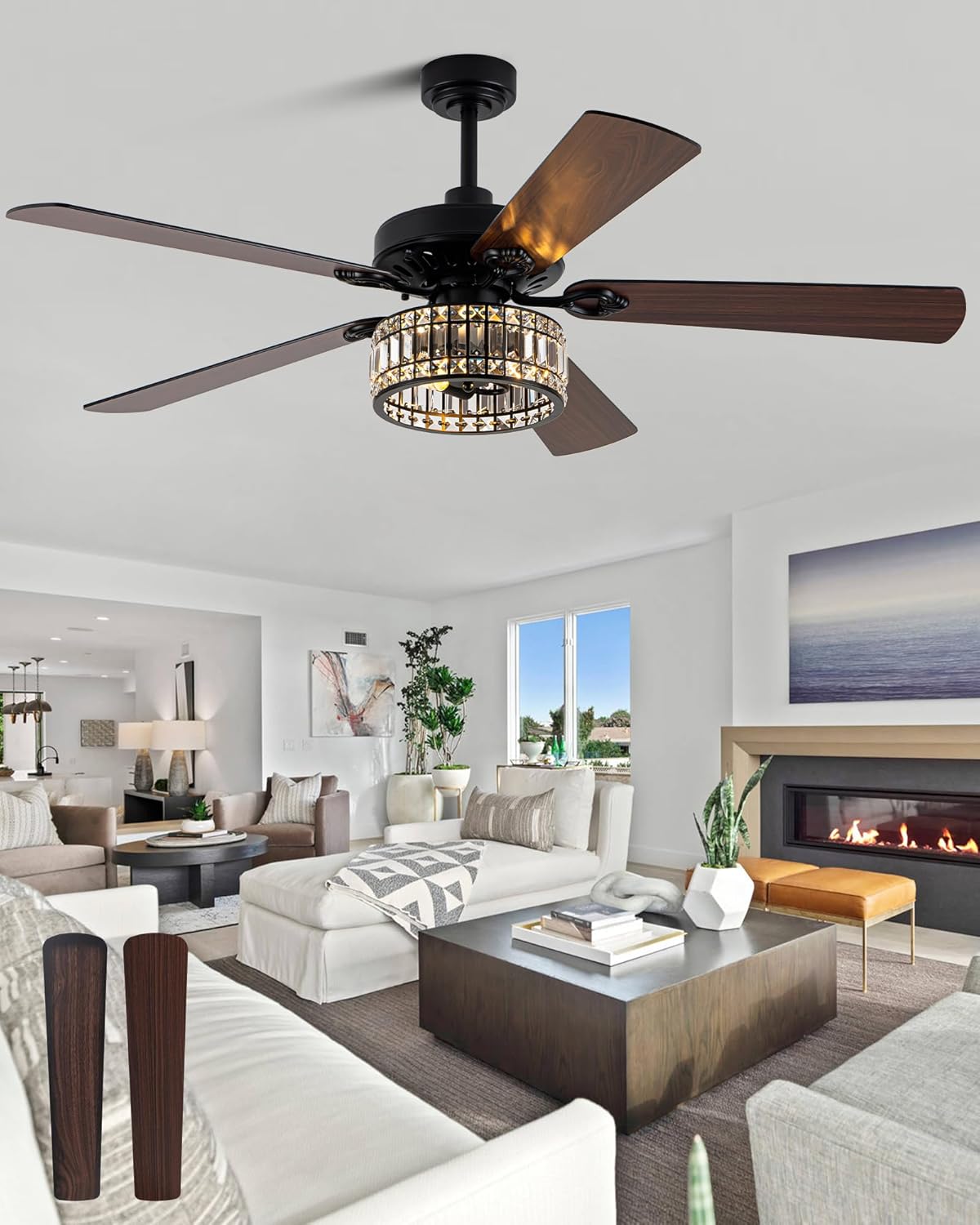 60 Inch Farmhouse Ceiling Fan with Lights and Remote, Black Chandelier Ceiling Fan with Reversible DC Motor 6 Speeds, Crystal Fandelier Ceiling Fans for Living Room Dining Room Bedroom