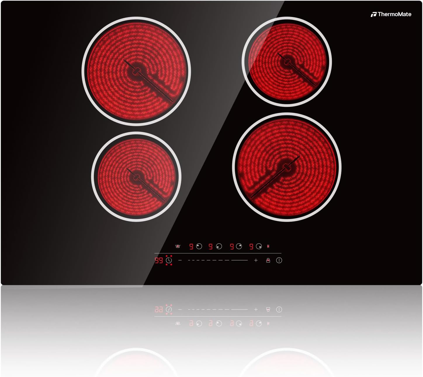 ThermoMate 30 Inch Electric Cooktop 4 Burners, ETL Certified Built-in Radiant Electric Stove Top, 30" Ceramic Cooktop 6000W with Touch Control, 9 Heating Level, Chlid Lock & Timer, 220-240V Hard Wire