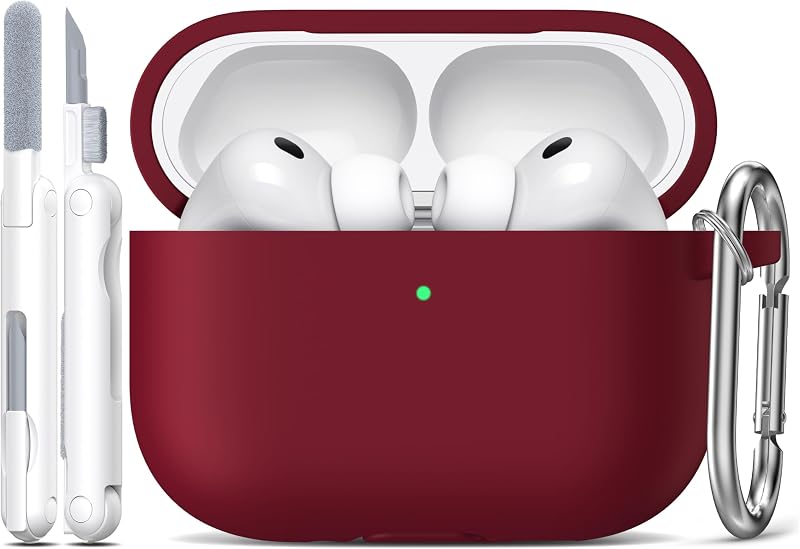 R-fun Funda para AirPods Pro 3 (2025), Funda Protectora de Silicona Suave Compatible con Apple AirPods Pro 3 generación para Mujeres y Hombres, con Kit de Limpieza/Llavero, Rojo Vino