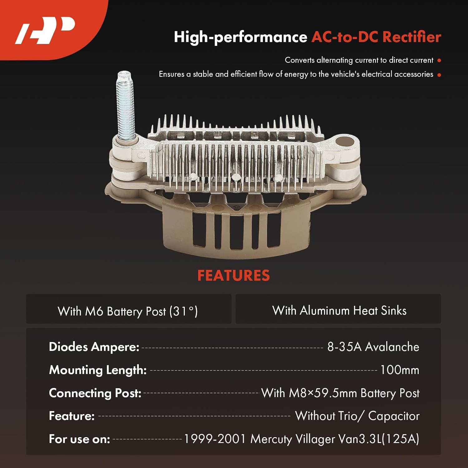 A-Premium Alternator Rectifier Compatible with Nissan Pathfinder 2003-2004 & Infiniti G35 2003-2004, QX4 2003 & Pontiac GTO 2004, 12V Rectifier 8-35A Diodes