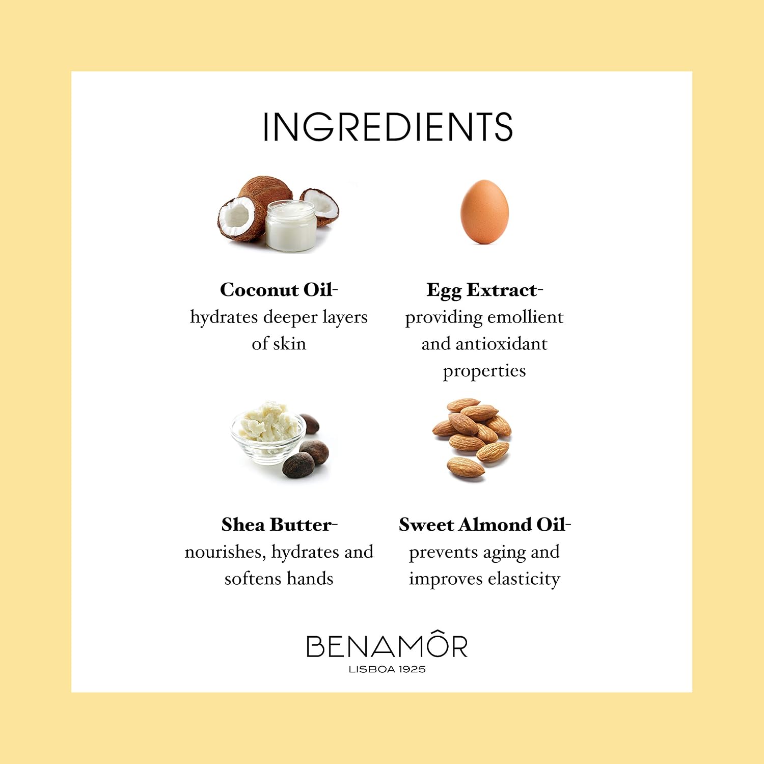 Benamôr Nata Nutritive Hand Cream | Egg Yolk Nutrient Hand Cream | Shea Butter Hand Cream with Coconut Oil | Almond Oil Hand Cream for Dry Hands | Paraben Free Lotion (1.7 FlOz)